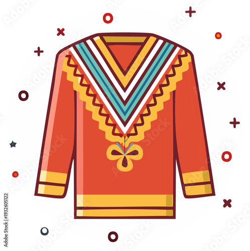 Decorative red folk tunic with vibrant yellow and blue trim geometric design flat illustration