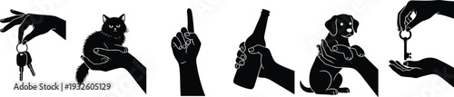 Collection of black and white silhouettes featuring human hands holding car keys, a cat, a beer bottle, a puppy, and a symbolic key exchange.