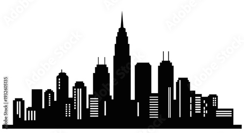 Silhouette of a modern city skyline with tall buildings and skyscrapers at dusk.
