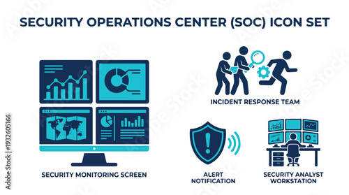Security Operations Center SOC Icon Set with Monitoring Screen Alert Notification Analyst Workstation Incident Response Team