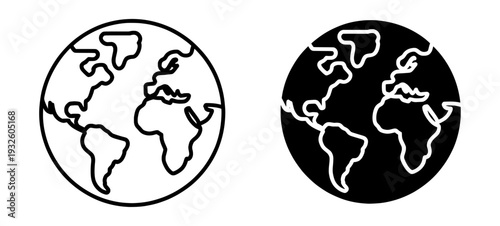 Minimalist world map globe icons, black and white earth planet vector set, global travel and logistics signs