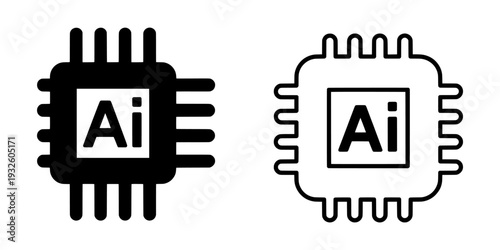 Artificial intelligence chip icons, AI processor vector symbols, digital brain microchip hardware graphics