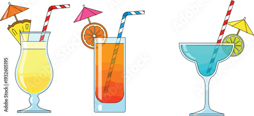 Set of Three Tropical Summer Cocktails with Colorful Garnishes, Paper Umbrellas, Striped Straws, Fruit Slices, Blue Margarita, Orange Juice, and Pineapple Mocktails on White Background.