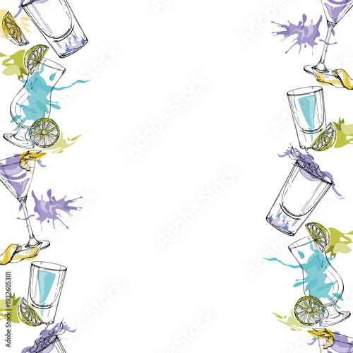 Vector seamless double strip of Kamikaze, Aviation, Blue Lagoon cocktail drinks. Color splashes, bright flat fills. Hand drawn in ink for party ribbons, digital designs, packaged goods, craft sets.