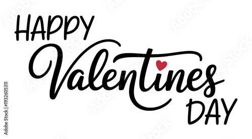 Happy Valentines Day calligraphy text, elegant script lettering with red heart, romantic holiday vector art