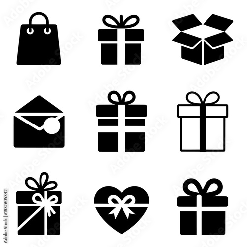 Minimalist gift box icons, 9 black shopping and delivery symbols, flat vector set for retail and e-commerce