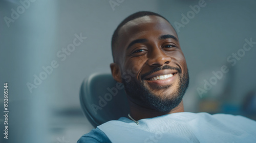 Happy african american man with a bib smiles brightly while sitting in a dentist's chair.