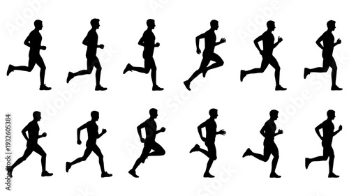 Running man silhouette set, 12 athlete motion sequence vectors, male runner sprinting and jogging poses