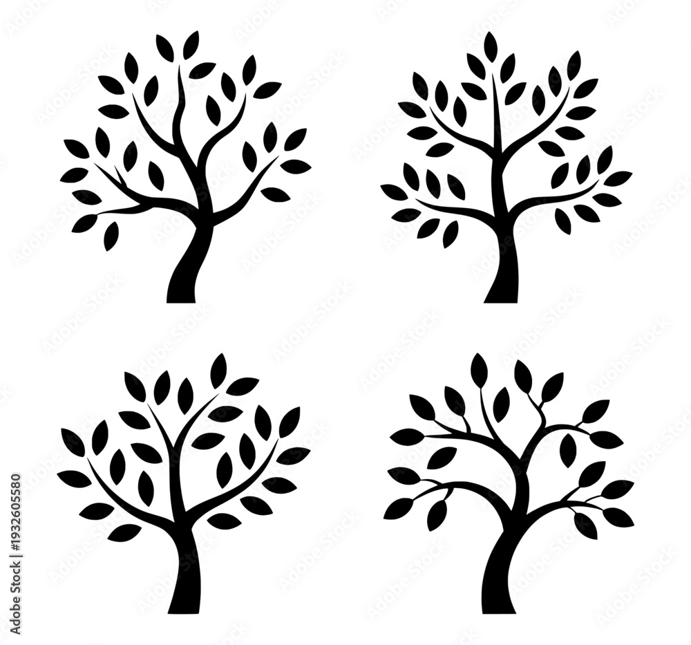 Obraz premium Minimalist tree silhouettes, set of 4 black vector tree icons, organic leaf and branch nature logo elements