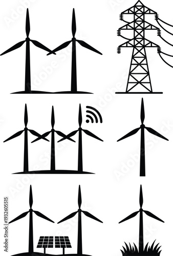 Black silhouette icons of renewable energy infrastructure featuring wind turbines, solar panels, transmission tower, and wireless technology representing sustainable electricity and modern clean 