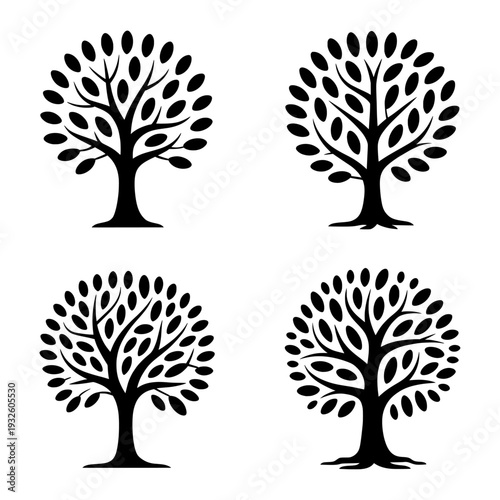Minimalist tree silhouette icons, set of 4 black nature vector elements, eco friendly organic plant symbols