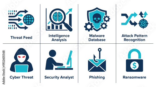 Cyber Security Icons Representing Threats and Protections