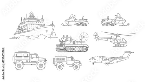 Fleet of Diverse Vehicles: A meticulously illustrated collection of varied vehicles, from a robust icebreaker to agile snowmobiles and a versatile helicopter.