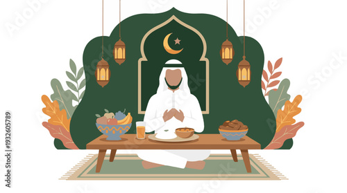 Muslim Man Breaking Fast with Iftar Meal during Ramadan Celebration