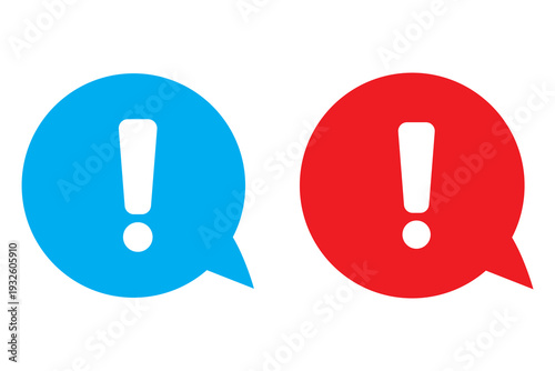 Warning and alert exclamation point icons. Red and blue circular buttons with exclamation sign for safety notices, system errors, and critical notifications.