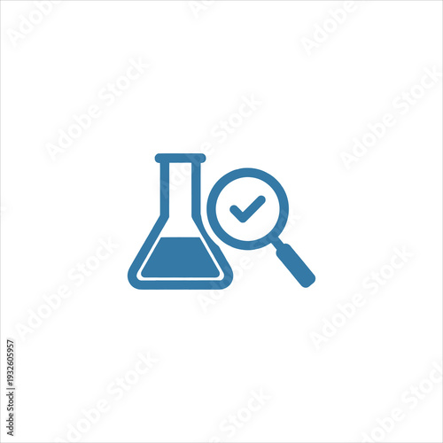 A blue icon of a beaker and a magnifying glass with a checkmark