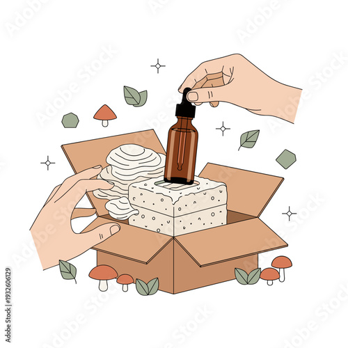 Flat Vector of Sustainable Mushroom Mycelium Packaging Unboxing
