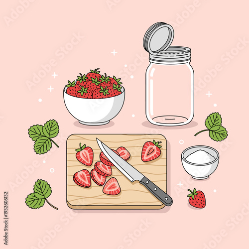 Flat Vector Illustration of Homemade Strawberry Jam Making