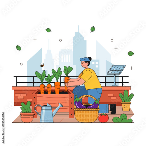 Flat Vector Illustration of a Modern Urban Rooftop Garden
