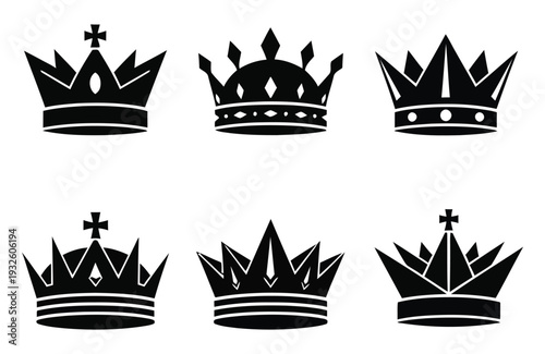 Collection of six distinctive royal crowns with crosses and jewels