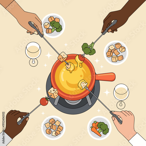 Flat Vector Illustration of Friends Sharing Cheese Fondue Dinner