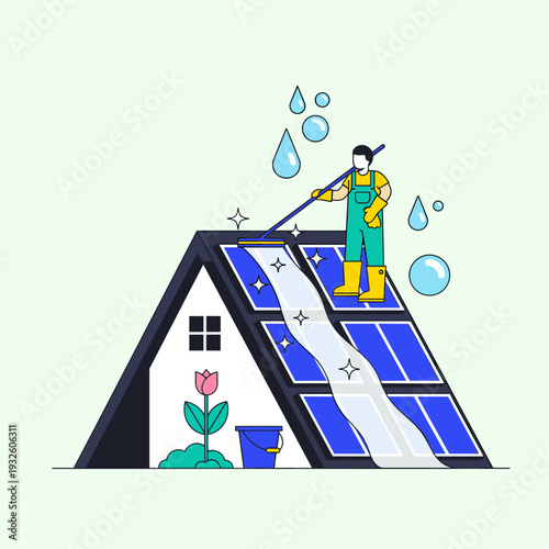 Flat Vector Illustration of Solar Panel Spring Cleaning