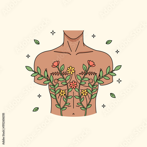 Flat Vector Illustration of Floral Top Surgery Scars
