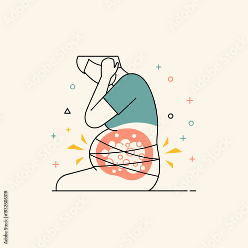 Flat Vector Illustration of Abdominal Bloating and Stomach Pain