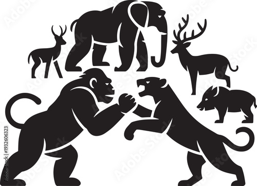 Collection of wild animals silhouettes fighting and standing on transparent