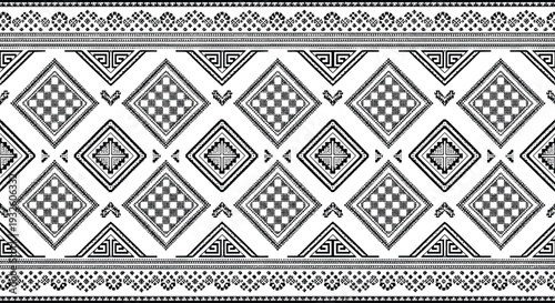Black and White Geometric Tribal Pattern Vector Illustration with Diamond Shapes and Ornamental Border for Traditional Textile Design Ethnic Background and Seamless Fabric Print