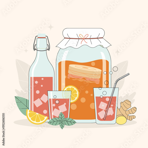 Flat Vector Illustration Of A Kombucha Brewing Scene