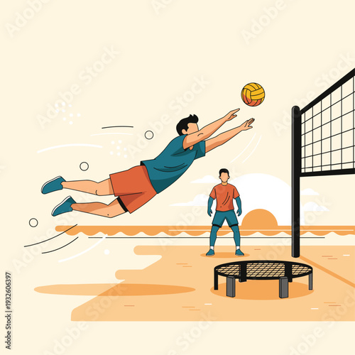 Dynamic Spikeball Game At Sunset Flat Vector Illustration