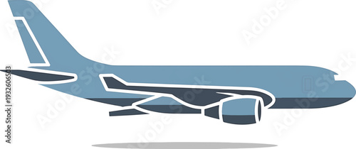 Stylized Blue Airplane in Flight with Detailed Engine and Tail Section.