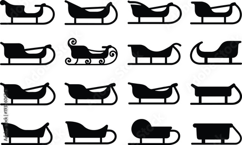 Collection of sleigh silhouettes in diverse styles and designs, showcasing traditional winter transportation, Santa sleigh icons, festive holiday decoration, and creative illustration art