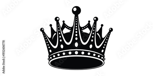 A black and white illustration of a royal crown with jewels and ornate details
