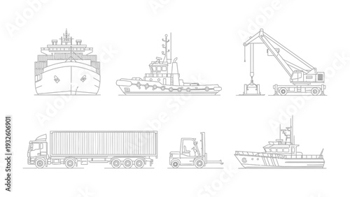 Marine Transport: A collection of various maritime transport vehicles, showcasing the essential components of global trade.
