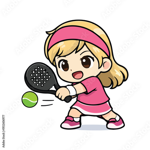 Cute Chibi Girl Playing Padel Forehand Swing Flat Color Illustration