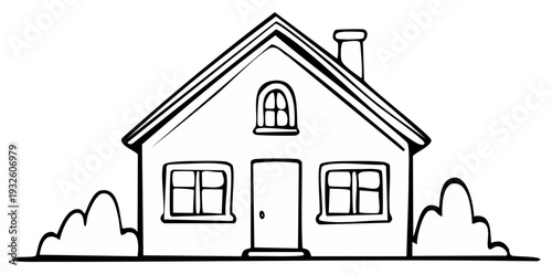 Black and white cartoon illustration of a house with chimney, windows, and shrubbery.