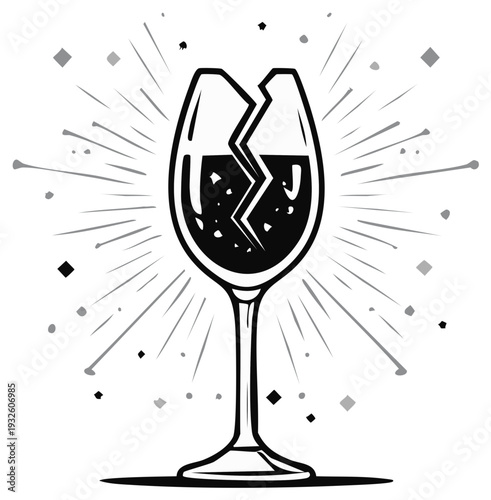 Broken wine glass with liquid and radiating lines symbol of bad luck misfortune