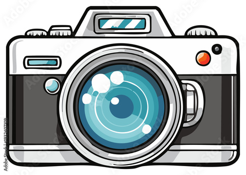 Cartoon illustration of a camera with a lens, flash and various buttons in white and black.