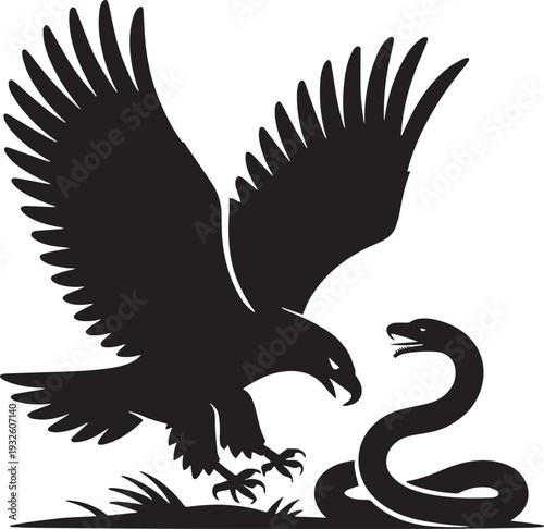 Eagle attacking snake silhouette showing predator and prey dynamic battle vector graphics