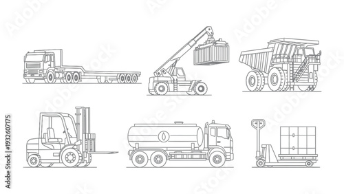 Transportation Fleet Illustration: An intricate illustration, showcasing diverse vehicles vital for transportation and logistics, including a flatbed truck, a container handler, a dump truck.
