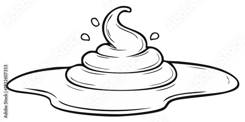 Cartoon illustration of a poop pile on a puddle, black and white outline art.