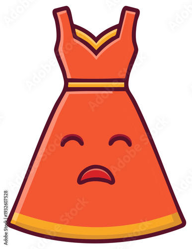Sad orange sleeveless dress with a cartoon face expressing sorrow and disappointment, vintage apparel in minimalist design