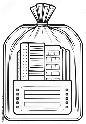 Evidence Bag Illustration with Pills, Documents and Sealed Closure for Legal Cases