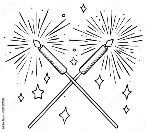 Crossed sparklers with star bursts and sparkles, festive celebratory drawing.