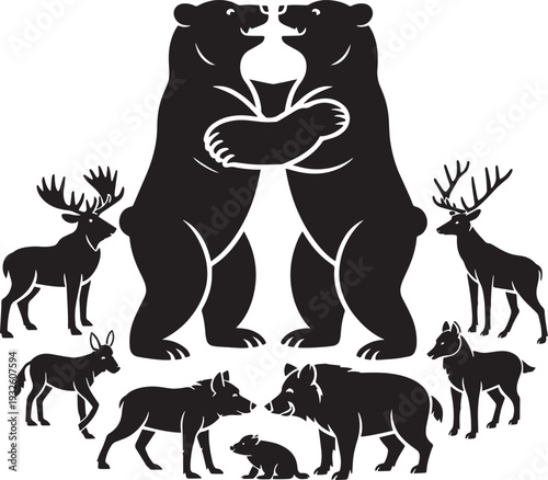 Forest animals fighting in silhouette, bears, wolves, deer, boar, rabbit