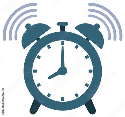 Vintage blue alarm clock ringing with visible sound waves above, simple early morning illustration