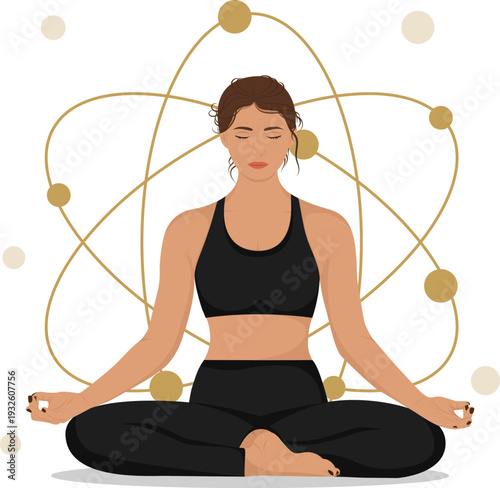 Meditating woman in lotus pose with abstract geometric lines