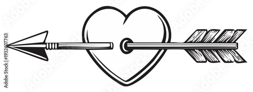 Heart pierced by an arrow illustration monochrome vector design symbol love